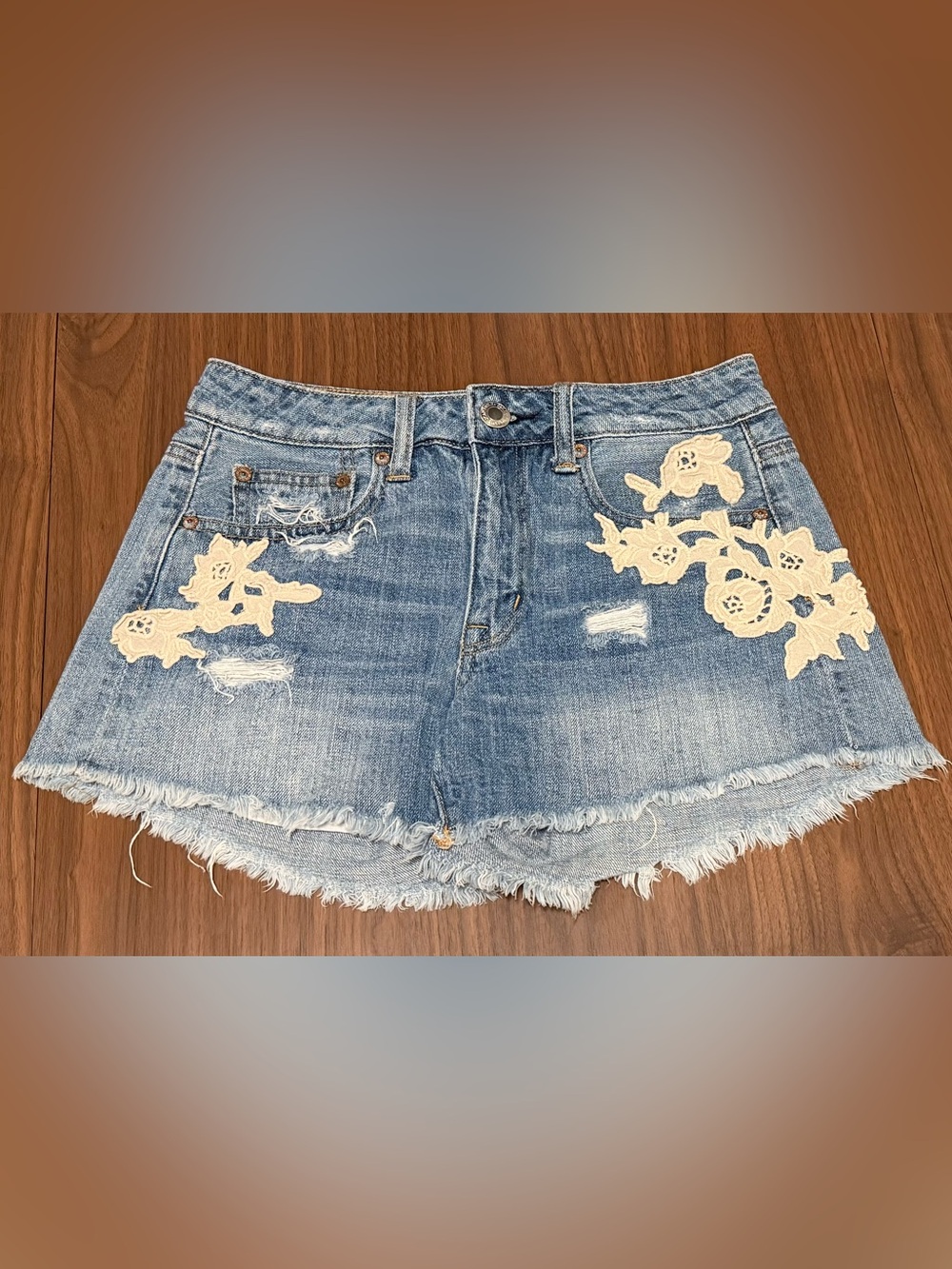 American Eagle Outfitters Blue Denim Shorts with Cream Floral Lace